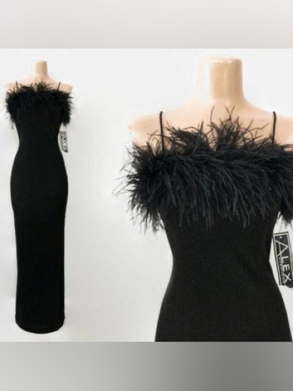Vintage 90s Black Feather Trim Gown Alex Evenings Size 6 Formal Evening Dress